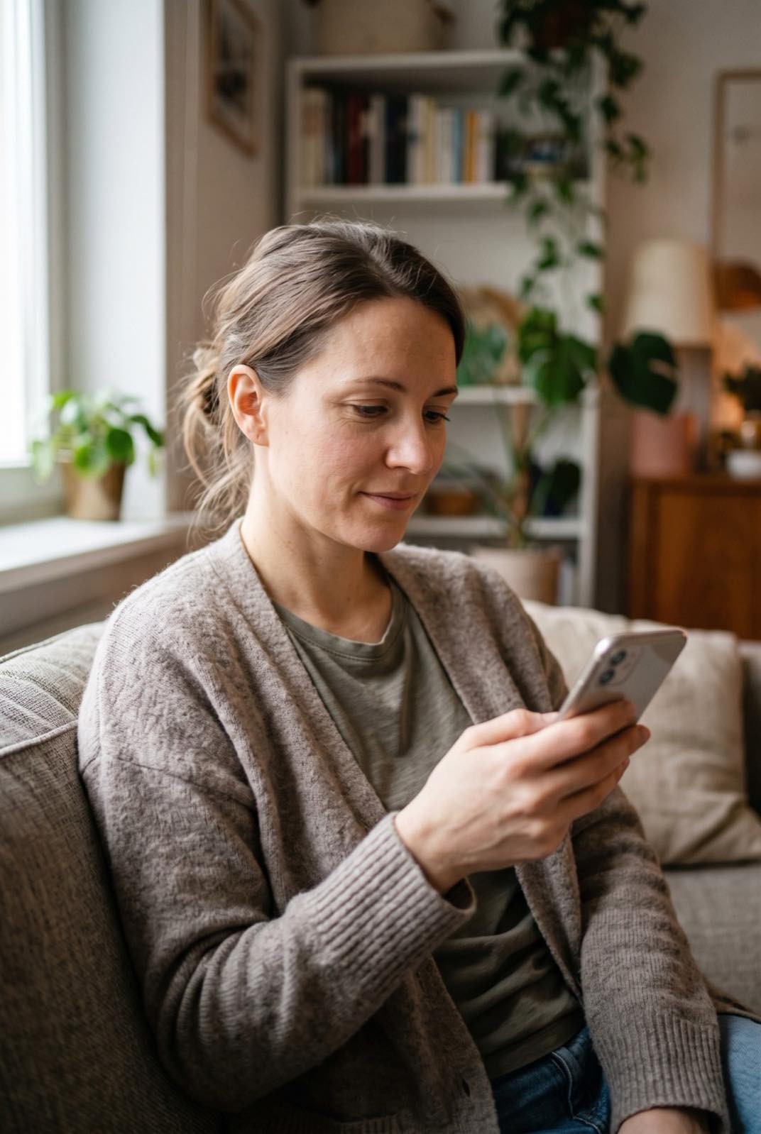 AI-generated image: a woman at home on her sofa, looking calmly at her phone.